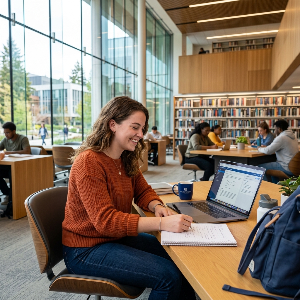 Student studying happily